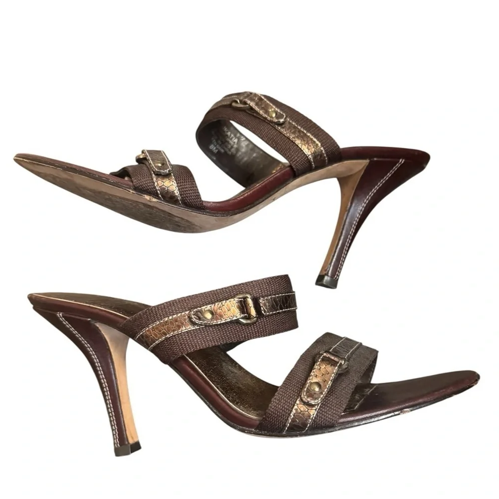 CIRCA JOAN & DAVID Leather And Canvas SZ 8 Open Toe Heel 2 Strap Y2K Bronze EUC